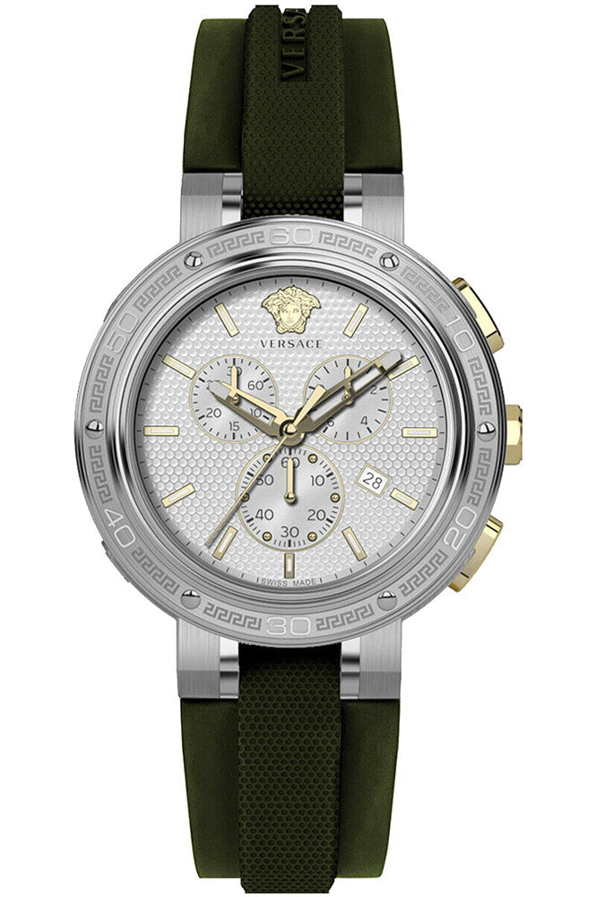 Versace Watches Versace Watch Men Swiss Quartz Chronograph Silver | Gold | Green VE2H00121 Eyeglasses Eyewear UK USA Australia